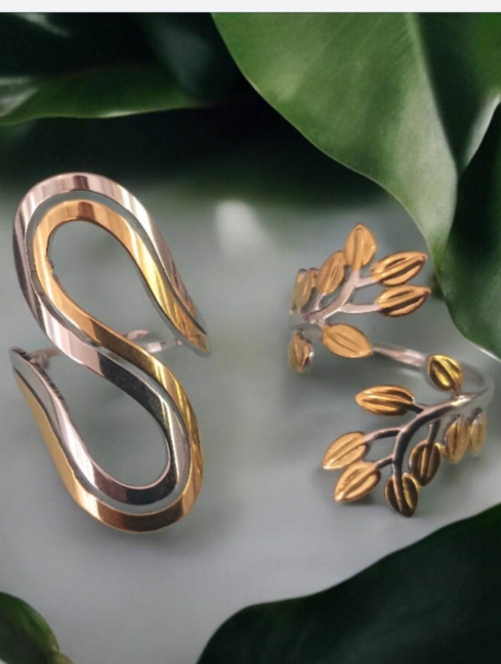 Gold and Silver Leaf and Swirl Statement Rings - Women Jewelry